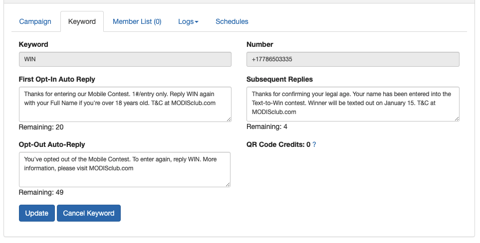 How to setup an SMS Service Keyword